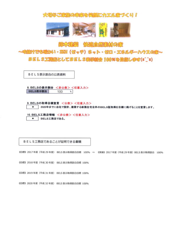 ＢＥＬＳ表示割合の公表資料＆ＢＥＬＳ工務店であることを証明する書類　鈴木建装2018年度　茨城県水戸市でゼロエネルギー住宅を建てるなら鈴木建装